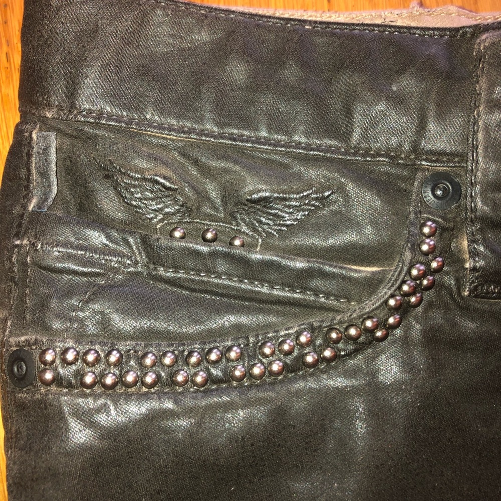 DISTRESSED STUDDED LEATHER PANTS